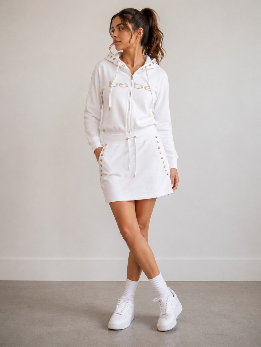 bebe White Hooded Zip Dress with Rhinestone Logo Size M